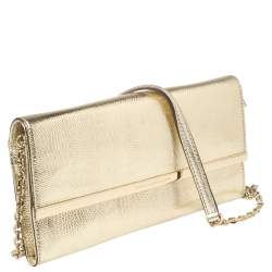 Pre Owned Diane Von Furstenberg Metallic Gold Lizard Embossed Leather Chain Clutch