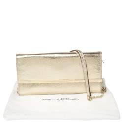 Pre Owned Diane Von Furstenberg Metallic Gold Lizard Embossed Leather Chain Clutch