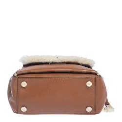 Pre Owned Diane von Furstenberg Brown Leather And Cream Shearling Fur Mini Secret Agent Tote