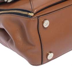 Pre Owned Diane von Furstenberg Brown Leather And Cream Shearling Fur Mini Secret Agent Tote