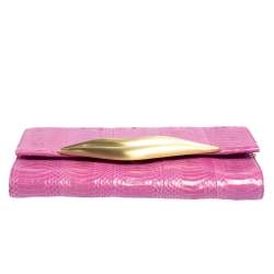 Pre Owned Diane von Furstenberg Pink Snakeskin and Leather Carolina Lips Chain Clutch