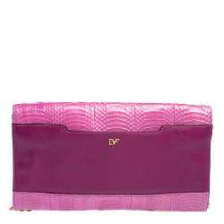Pre Owned Diane von Furstenberg Pink Snakeskin and Leather Carolina Lips Chain Clutch