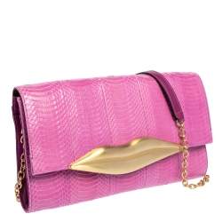 Pre Owned Diane von Furstenberg Pink Snakeskin and Leather Carolina Lips Chain Clutch
