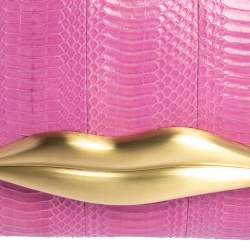 Pre Owned Diane von Furstenberg Pink Snakeskin and Leather Carolina Lips Chain Clutch