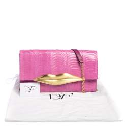 Pre Owned Diane von Furstenberg Pink Snakeskin and Leather Carolina Lips Chain Clutch