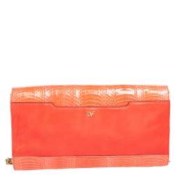 Pre Owned Diane von Furstenberg Orange Snakeskin Carolina Lips Crossbody Bag