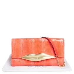 Pre Owned Diane von Furstenberg Orange Snakeskin Carolina Lips Crossbody Bag