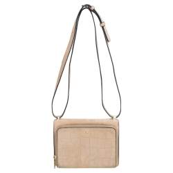 Pre Owned Diane von Furstenberg Beige Croc Embossed Nubuck Leather 440 Les Crossbody Bag