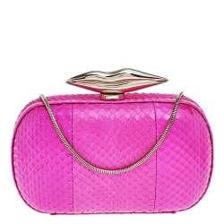 Pre Owned Diane von Furstenberg Pink Snakeskin Flirty Minaudiere Chain Clutch