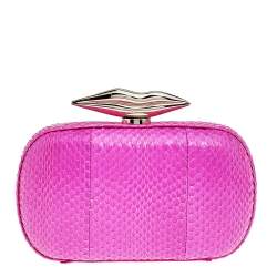 Pre Owned Diane von Furstenberg Pink Snakeskin Flirty Minaudiere Chain Clutch