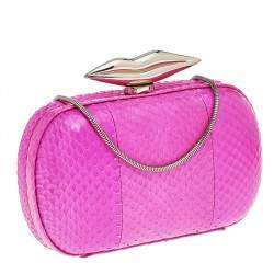 Pre Owned Diane von Furstenberg Pink Snakeskin Flirty Minaudiere Chain Clutch