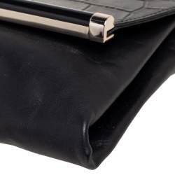 Pre Owned Diane Von Furstenberg Black Leather and Croc Embossed Leather Flap Shoulder Bag