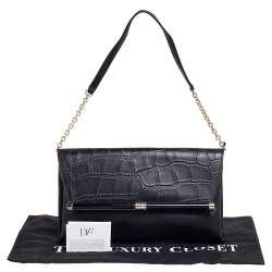 Pre Owned Diane Von Furstenberg Black Leather and Croc Embossed Leather Flap Shoulder Bag