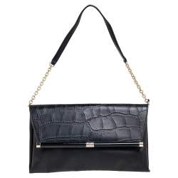Pre Owned Diane Von Furstenberg Black Leather and Croc Embossed Leather Flap Shoulder Bag