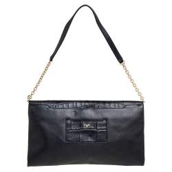 Pre Owned Diane Von Furstenberg Black Leather and Croc Embossed Leather Flap Shoulder Bag