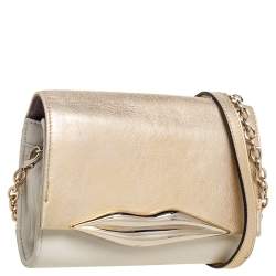Pre Owned Diane von Furstenberg Gold/Off White Leather Flirty Lips Mini Crossbody Bag