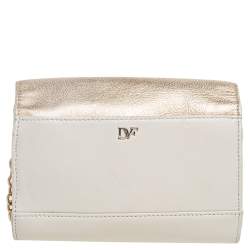Pre Owned Diane von Furstenberg Gold/Off White Leather Flirty Lips Mini Crossbody Bag