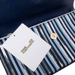 Pre Owned Diane Von Furstenberg Blue/Silver Leather and Suede Stripe East West Clutch