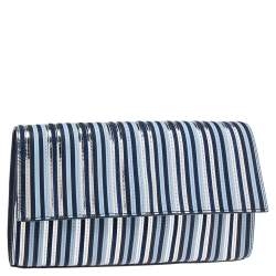 Pre Owned Diane Von Furstenberg Blue/Silver Leather and Suede Stripe East West Clutch