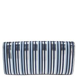 Pre Owned Diane Von Furstenberg Blue/Silver Leather and Suede Stripe East West Clutch