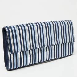 Pre Owned Diane Von Furstenberg Blue/Silver Leather and Suede Stripe East West Envelope Clutch