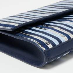 Pre Owned Diane Von Furstenberg Blue/Silver Leather and Suede Stripe East West Envelope Clutch
