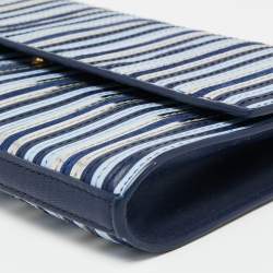 Pre Owned Diane Von Furstenberg Blue/Silver Leather and Suede Stripe East West Envelope Clutch