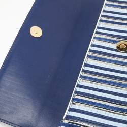 Pre Owned Diane Von Furstenberg Blue/Silver Leather and Suede Stripe East West Envelope Clutch