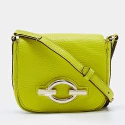 Pre Owned Diane Von Furstenberg Neon Green Leather Flap Crossbody Bag