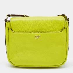Pre Owned Diane Von Furstenberg Neon Green Leather Flap Crossbody Bag