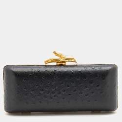 Pre Owned Diane Von Furstenberg Black Ostrich Embossed Leather Tonda Clutch