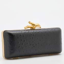 Pre Owned Diane Von Furstenberg Black Ostrich Embossed Leather Tonda Clutch