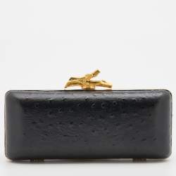 Pre Owned Diane Von Furstenberg Black Ostrich Embossed Leather Tonda Clutch