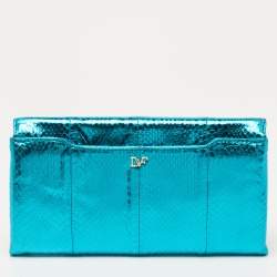 Diane von Furstenberg Metallic Blue Python Embossed Leather 440 Envelope Clutch