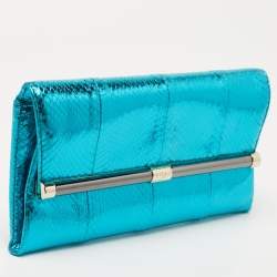 Diane von Furstenberg Metallic Blue Python Embossed Leather 440 Envelope Clutch
