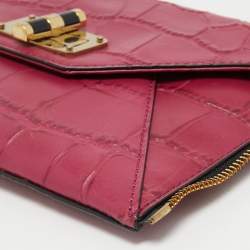 Pre Owned Diane Von Furstenberg Pink Croc Embossed Leather Secret Agent Clutch