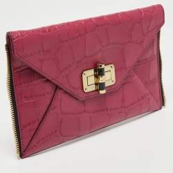 Pre Owned Diane Von Furstenberg Pink Croc Embossed Leather Secret Agent Clutch