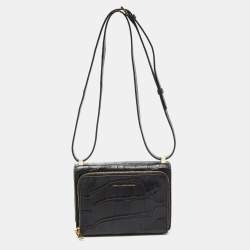 Pre Owned Diane Von Furstenberg Black Croc Embossed Leather 440 Les Crossbody Bag