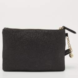 Pre Owned Diane Von Furstenberg Black Glitter Fabric Glitterati Wristlet Pouch