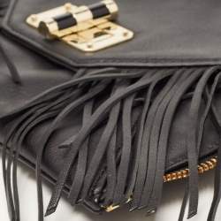 Pre Owned Diane von Furstenberg Black Leather Folio Fringe Clutch