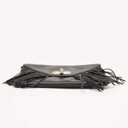 Pre Owned Diane von Furstenberg Black Leather Folio Fringe Clutch