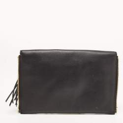Pre Owned Diane von Furstenberg Black Leather Folio Fringe Clutch