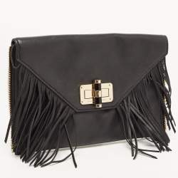Pre Owned Diane von Furstenberg Black Leather Folio Fringe Clutch
