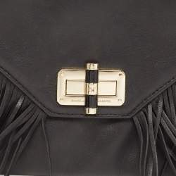 Pre Owned Diane von Furstenberg Black Leather Folio Fringe Clutch