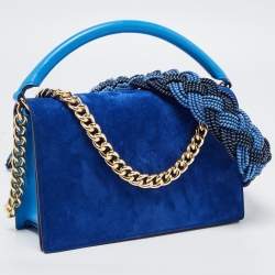 Pre Owned Diane Von Furstenberg Two Tone Blue Leather and Suede Soiree Top Handle Bag