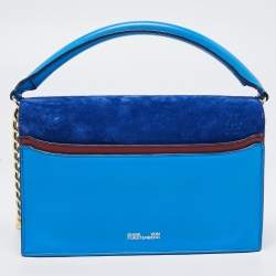 Pre Owned Diane Von Furstenberg Two Tone Blue Leather and Suede Soiree Top Handle Bag