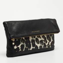 Diane Von Furstenberg Black Leopard Print Leather Fold Over Pouch
