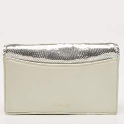 Pre Owned Diane Von Furstenberg Silver/White Sequins and Leather Flap Shoulder Bag