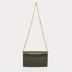 Diane Von Furstenberg Olive Green Satin and Leather Flap Chain Bag