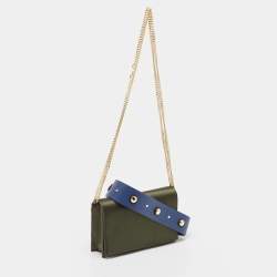 Diane Von Furstenberg Olive Green Satin and Leather Flap Chain Bag
